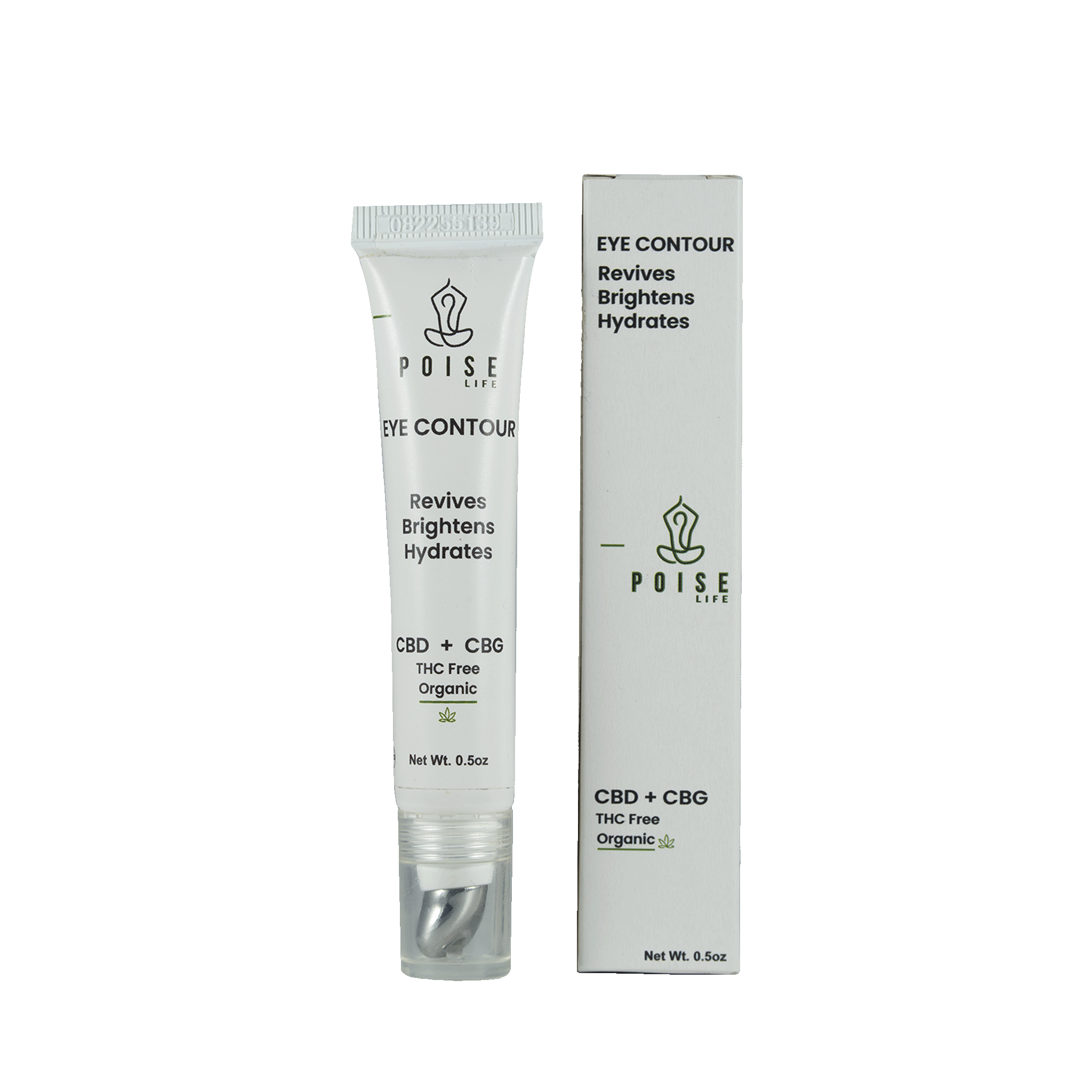 Poise Life Eye Contour Cream with CBD, CBG, and Tetrapeptide-14. Featuring a metal applicator head for direct application.