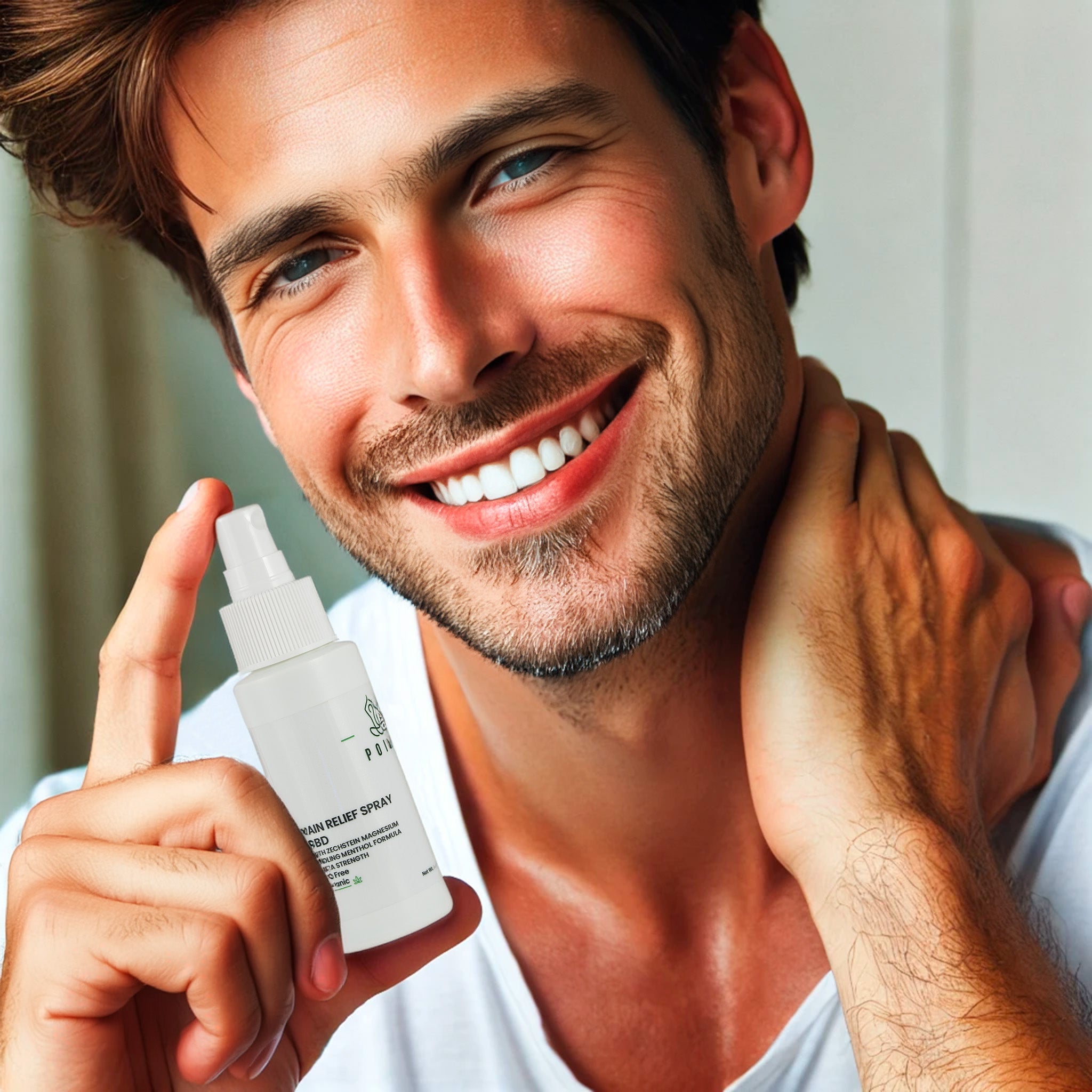 Man holding Poise Life Pain Relief Spray with CBD and CBG.