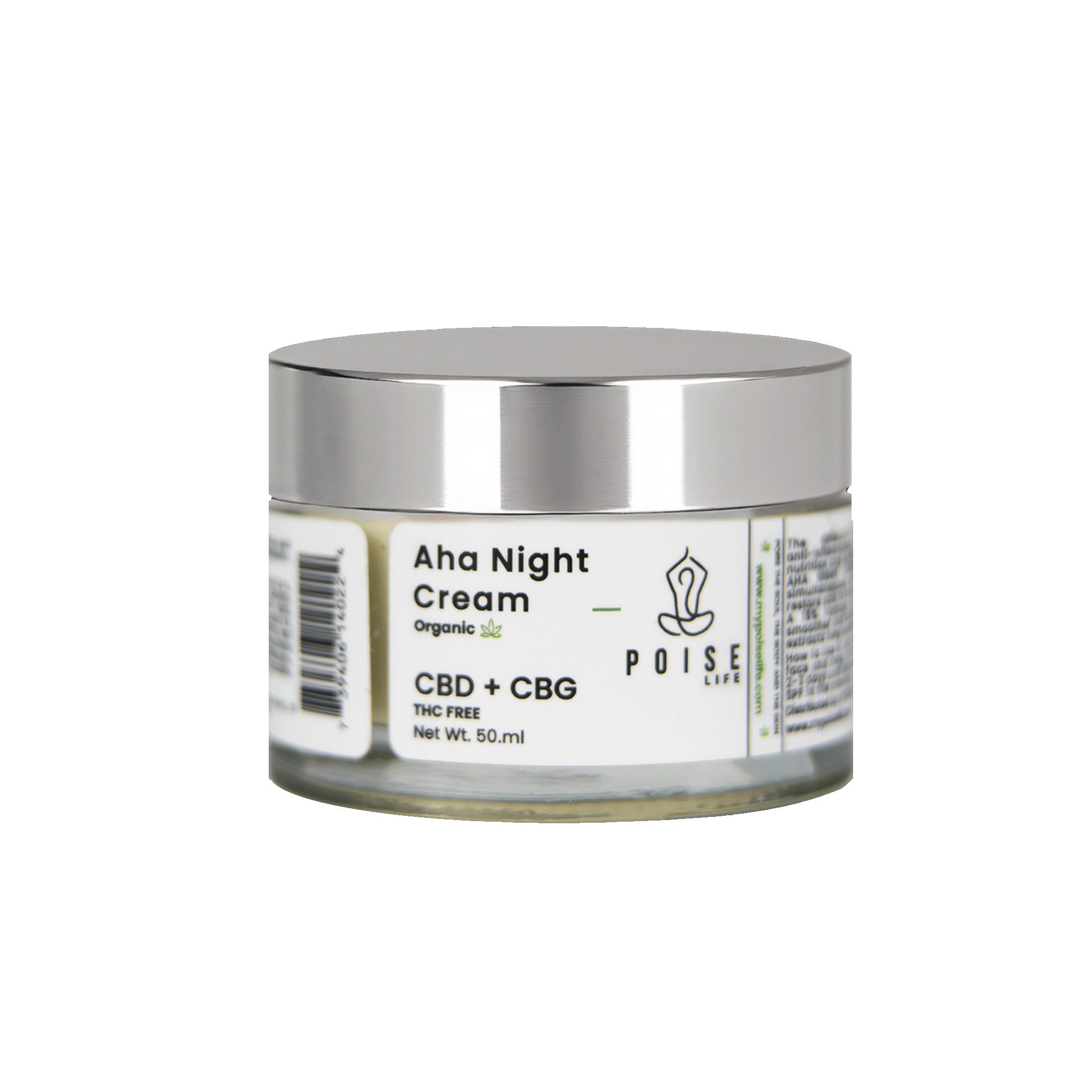 Poise Life AHA Night Cream with CBD & CBG, reduces dark spots and provides deep hydration.