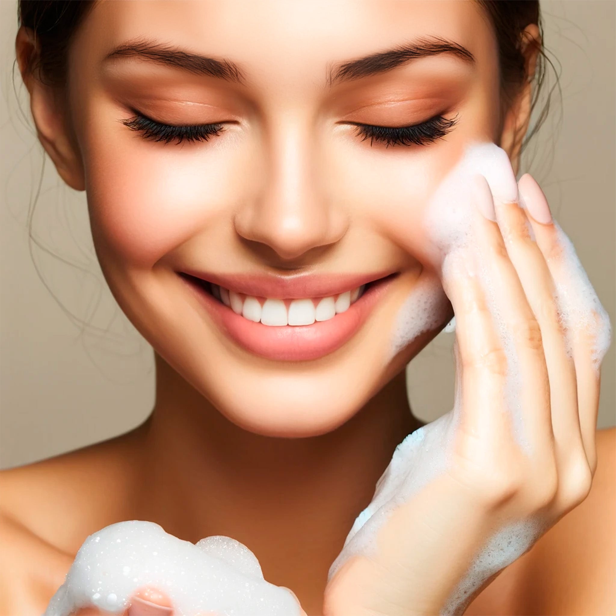 Woman washing her face with Poise Life Vitamin C Foam Cleanser with CBD and CBG.